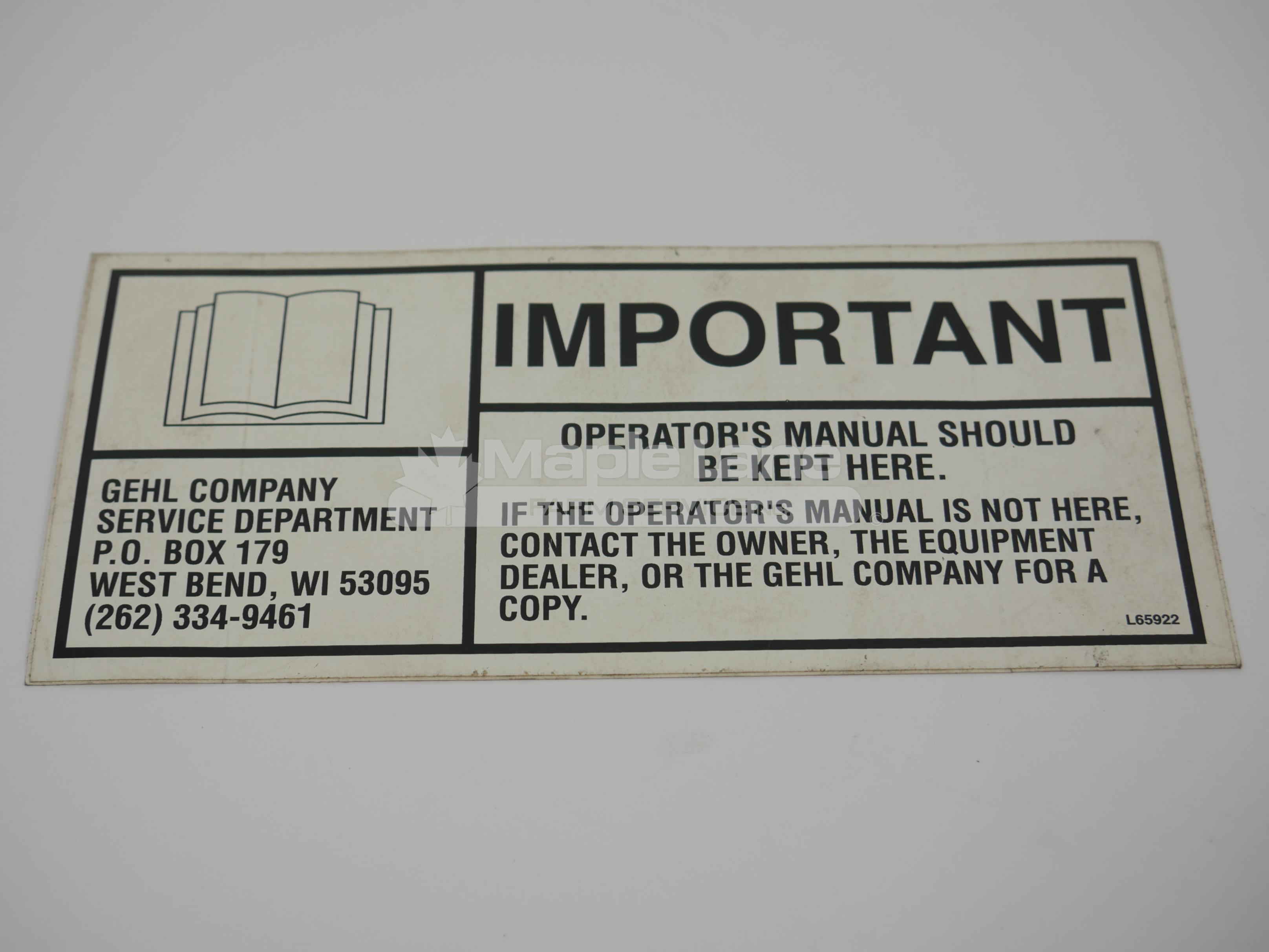 L65922 Operator Manual Decal